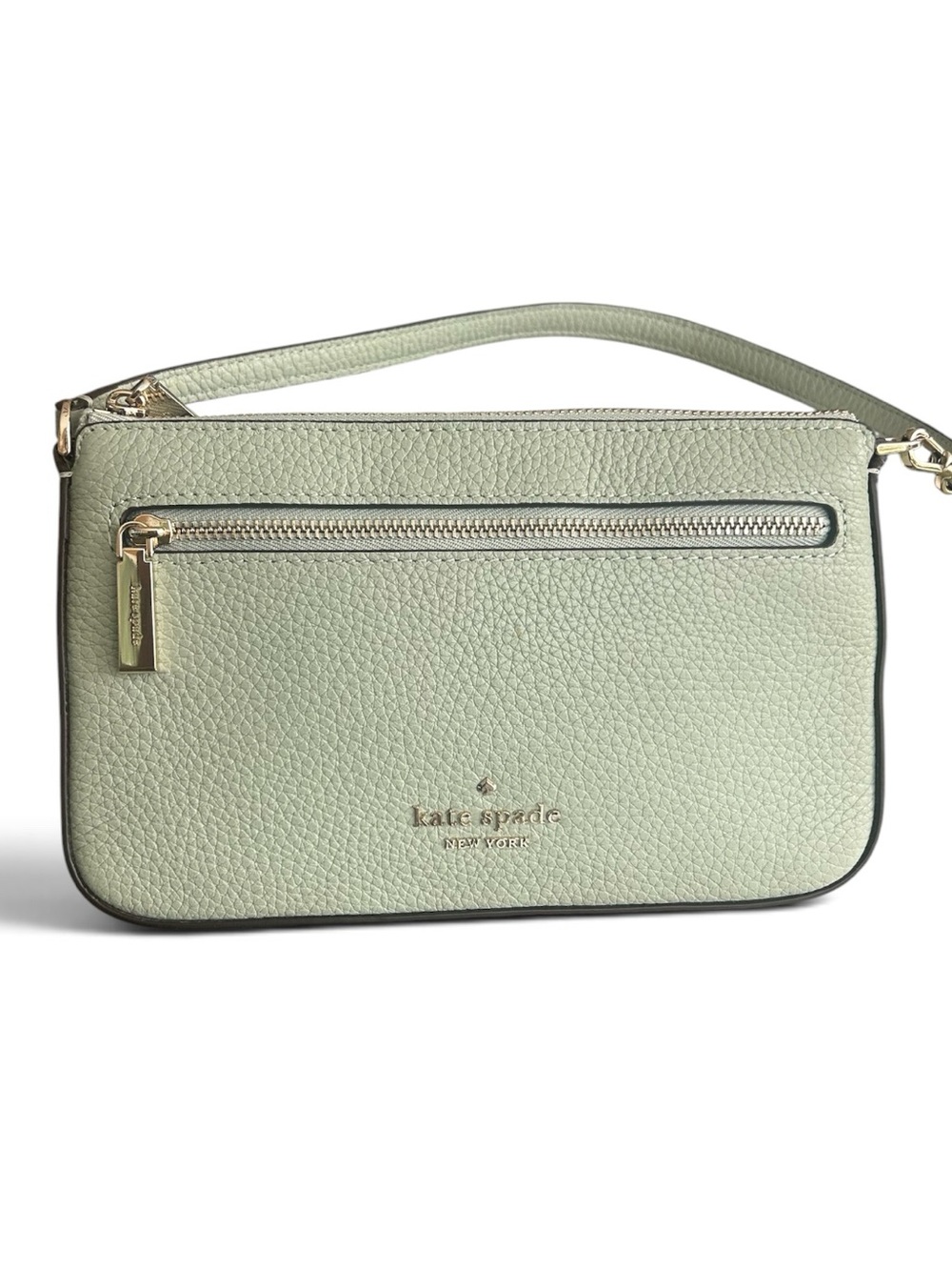EUC Kate Spade Leila Pebbled Leather Convertible Wristlet Sage Green Silver HW